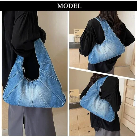 Denim Hobo Tote Bag Women Zipper Closure Multi-Purpose Casual Fashion - Picture 2 of 7